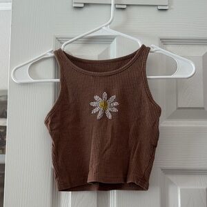 SHEIN Brown Ribbed Tank Top with Daisy Detail